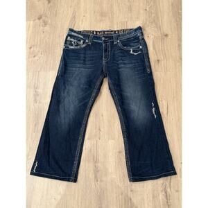 Rock Revival Landon Straight Jeans Men’s 38x26 Dark Wash Embroidered Pockets